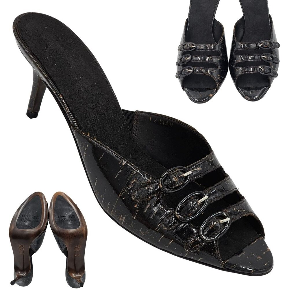 Donald Pliner Italy Womens 9.5 Black Patent Cork Open-toe Slide Dress Shoe Heels - Picture 1 of 15